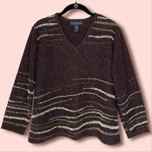 Vintage 90s Northern Isles Knit Sweater Size XL Brown Embroidered Abstract
